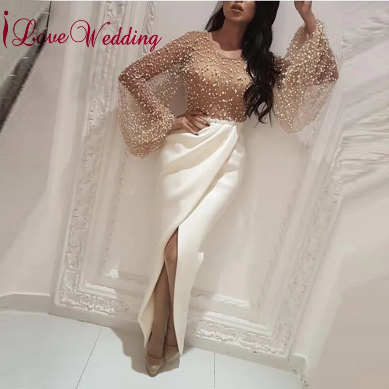 

New Arrival 2019 Arabic Style O Neck Long Sleeves Pearl Custom made Sexy Long Mermaid Evening Dresses Party
