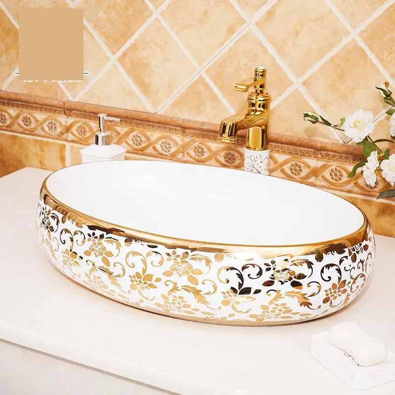 

Oval gold pattern white Ceramic Painting Art Lavabo Bathroom Vessel Sinks oval counter top wash basin white sink