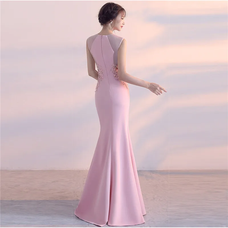 Solid Pink Cotton & Mesh Beaded Floral Appliques Mermaid Sexy Club Dresses 2018 New Arrival Party Dress Women Vestido Long Slim (3)