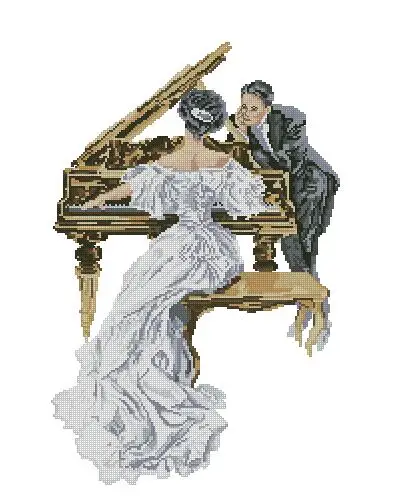 cs-2381 Cross Stitch Kit Lady at Piano Music Woman and Man Admire Suitor