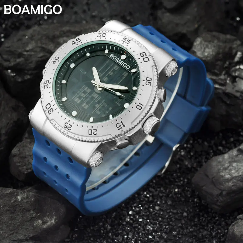Мужские спортивные часы BOAMIGO, брендовые резиновые кварцевые часы, цифровой светодиодный наручные часы, мужские военные водонепроницаемые часы, Reloj Hombre