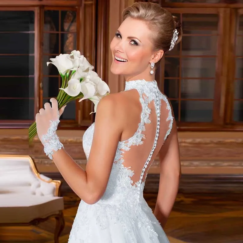 Vestido Longo Rosa винтажное свадебное платье с кружевом с высокой горловиной без рукавов органза А-силуэт 2018 аппликации платья для матери невесты