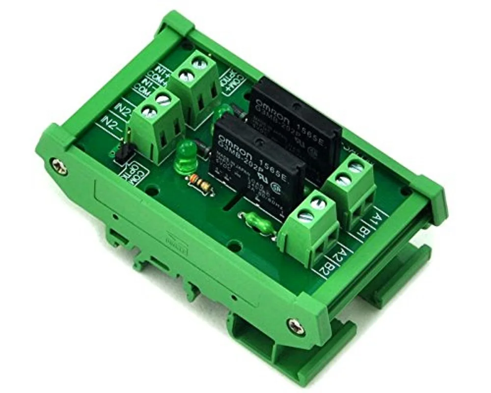 

Electronics-Salon DIN Rail Mount DC5V 2 Channels DC-AC 2Amp G3MB-202P Solid State Relay SSR Module Board.