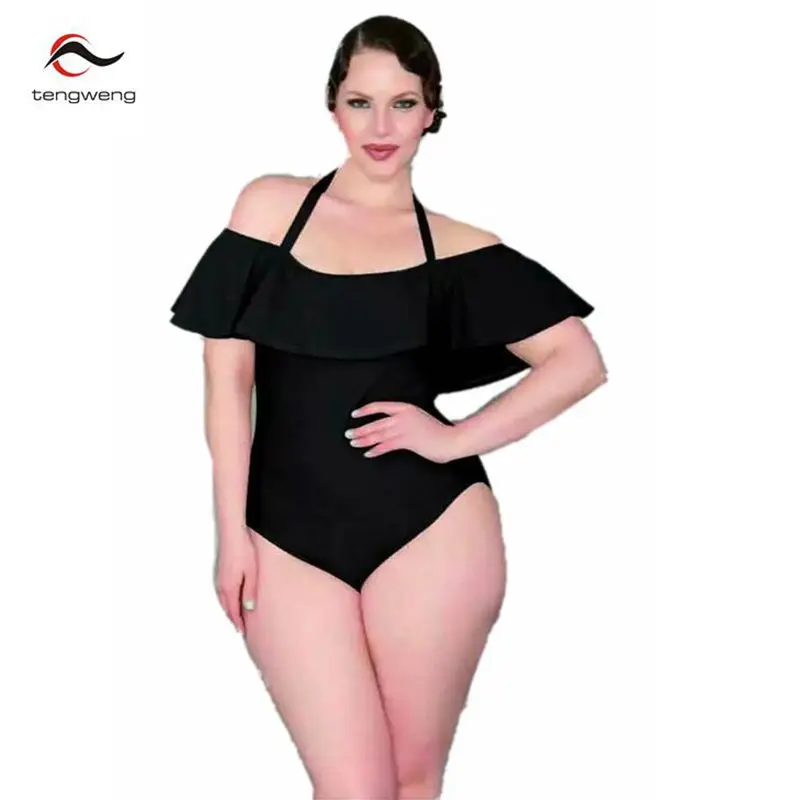 2017 Vintage Plus Size 4XL Black Sexy Halter One Piece Swimsuit Women Ruffle Off Shoulder Bikini Bathing Suit Monokini Bodysuit plus-size-black-swimsuit : image 2017 Vintage Plus Size 4XL Black Sexy Halter One Piece Swimsuit Women Ruffle Off Shoulder Bikini Bathing Suit Monokini Bodysuit plus-size-black-swimsuit