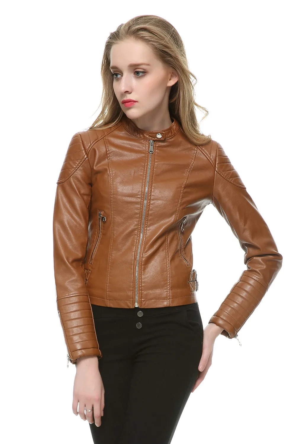 Модная женская элегантная байкерская куртка на молнии из искусственной кожи коричневого и черного цвета, приталенное Женское пальто, повседневное Брендовое байкерское кожаное пальто