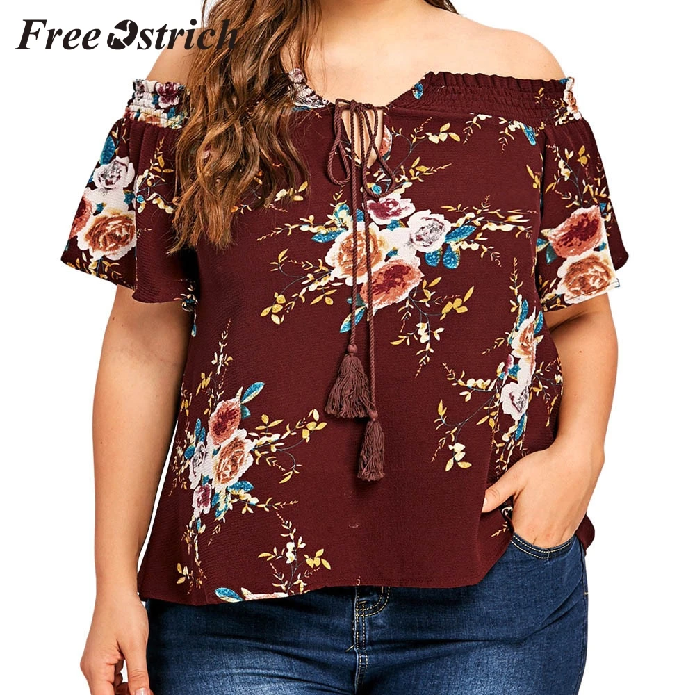 

Free Ostrich Large Size Women Blouses And Tops Floral Printing Short Sleeve Casual Red Tops Blouse Spring Summer Slash Neck Tops