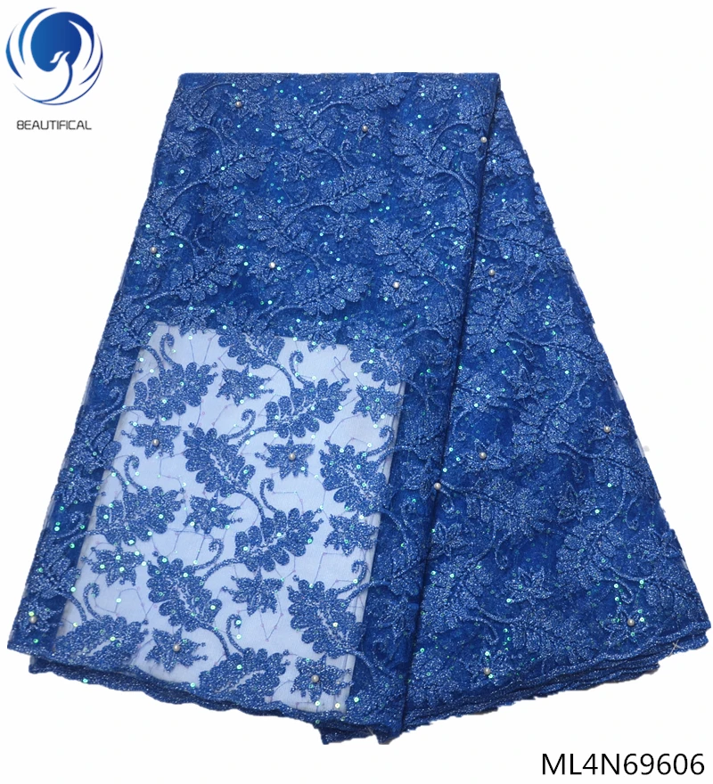 

BEAUTIFICAL blue lace fabric with sequin mesh lace fabric high quality tulle lace african material for evening dress ML4N696