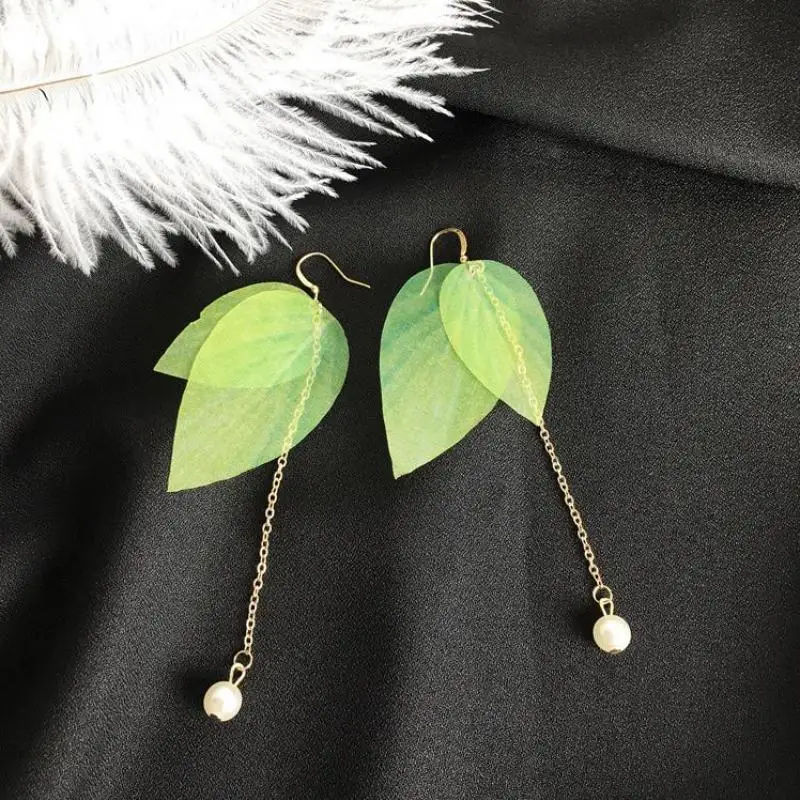 Embellishment Leaves Imitation Pearls Long Tassel Feather Earrings, dangle earrings,drop earrings,long earrings,crystal tassel earrings,pearl earrings,pendant earrings