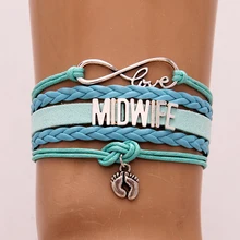 10 шт./партия) Бесконечная любовь браслет акушерки и браслеты детские ноги Шарм Кожа обернуть ювелирные изделия из веревки для женщин черный фиолетовый розовый