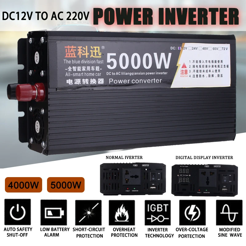 

Inverter 12V 220V 8000/10000W Peaks Auto Modified Sine Wave LCD Display 4000/5000W Voltage Transformer Converter Car Charge USB