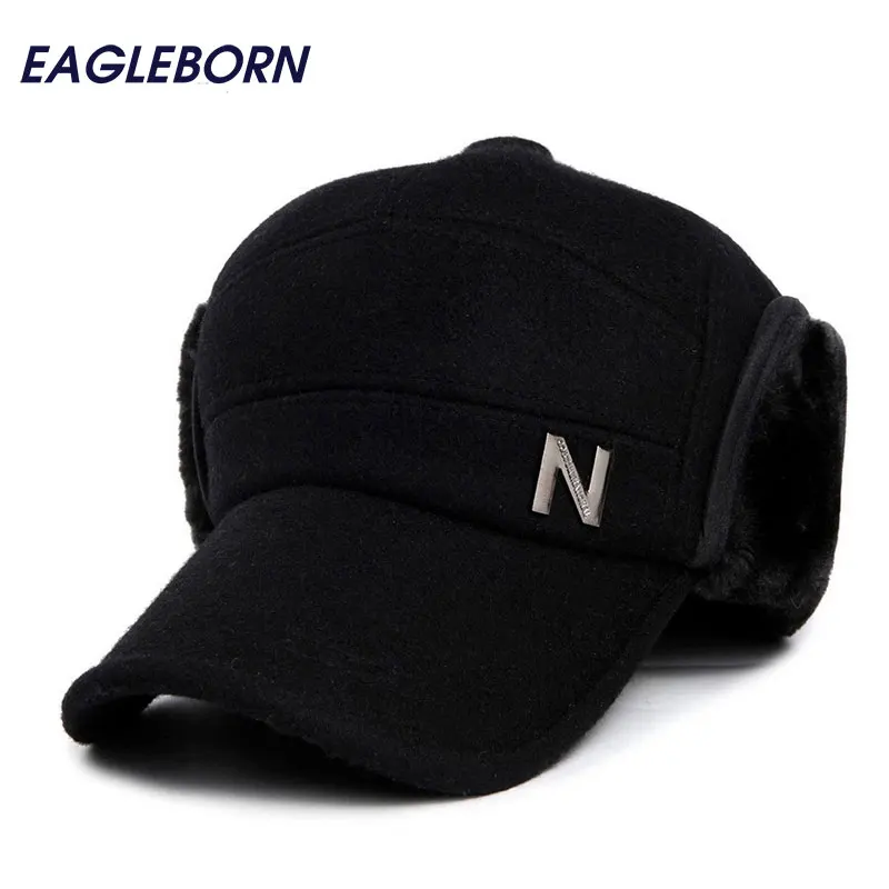 

2019 Letter N logo winter hats Men Baseball cap with earflaps women cotton Thicken snapback casquette for man 53-56cm head size