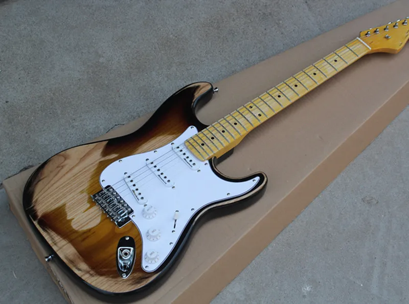 Free Shipping Ash Retro Body ,SSS Pickups ST Electric Guitar with Retro Yellow Neck,White Pickguard 17-11