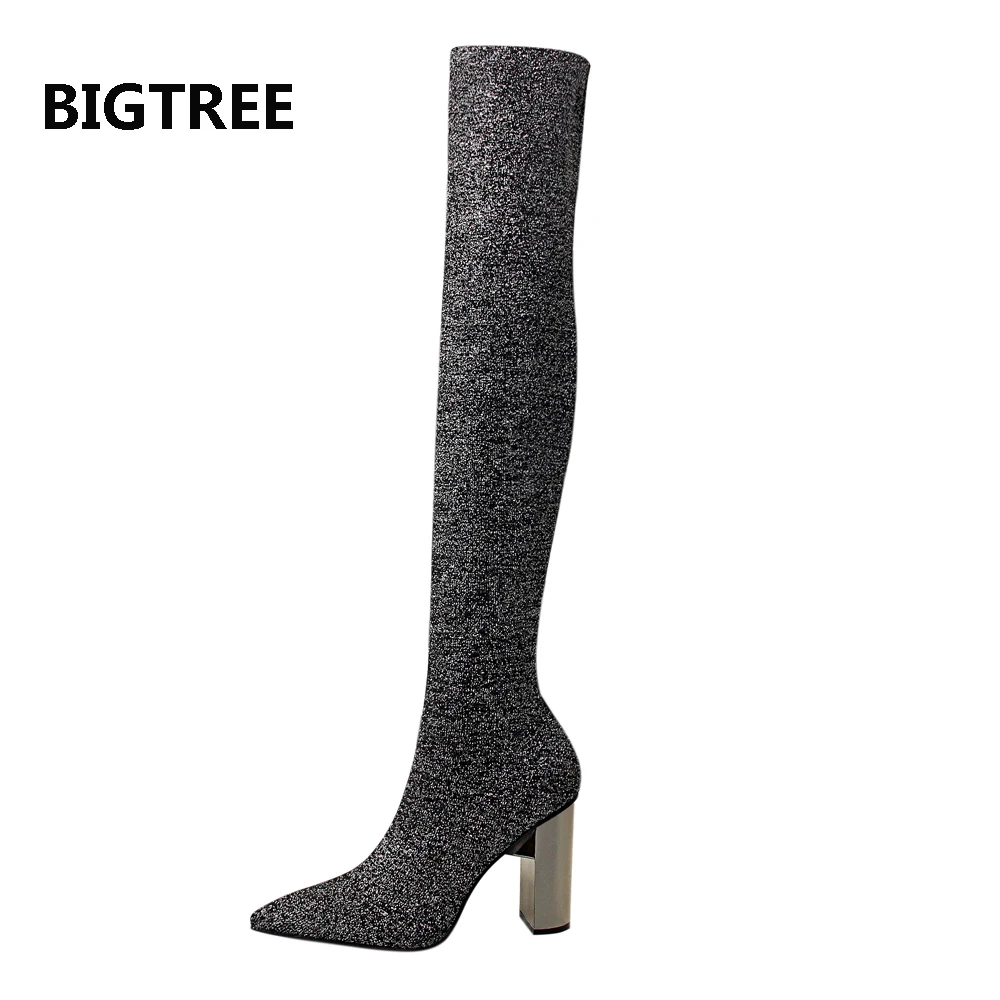 

Free shipping 2018 black silver soft strech knitting over the knee slim women lady girl autumn spring thin long boot big heel