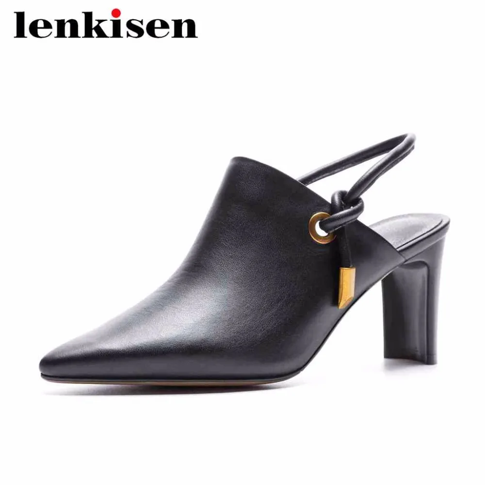 

Lenkisen back band free shipping natural leather pointed toe solid elastic band women high strange heels slingback pumps L78