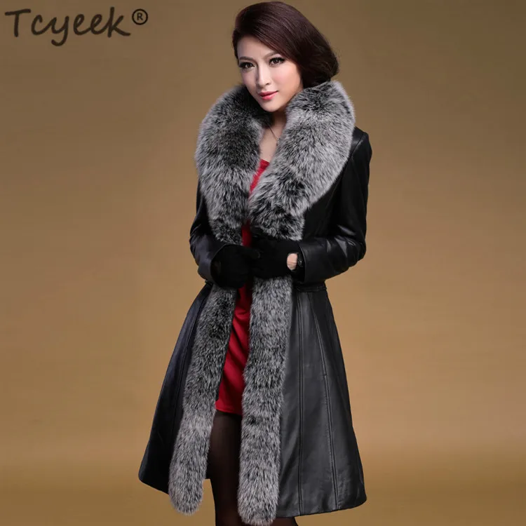 Tcyeek зимняя куртка для женщин из натуральной кожи пуховая парка с натуральным лисьим меховым воротником Длинная плюс размер 5XL натуральная овчина пальто LWL1265 - Цвет: black
