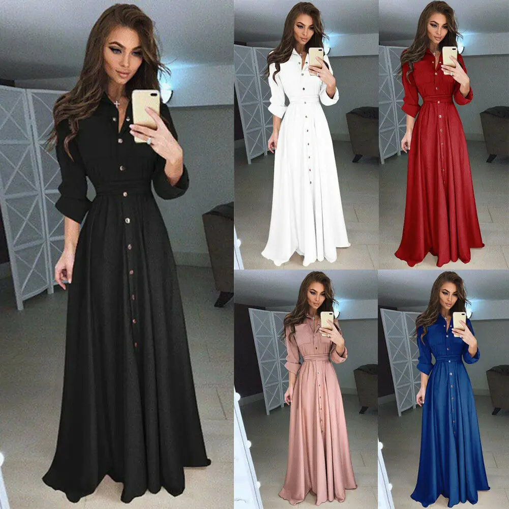 

Elegant Shirt Button Down Dress Womens Long Sleeve Formal Long Maxi Evening Party Tunic S-3XL