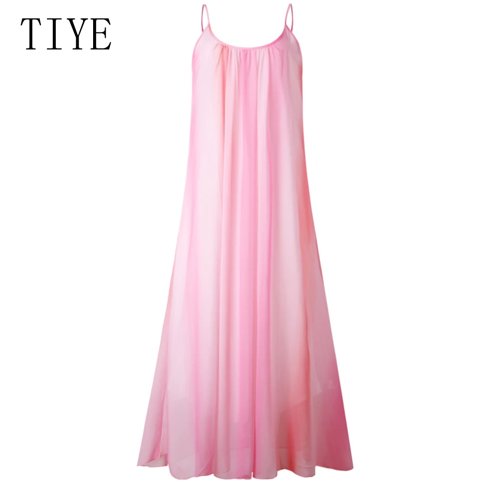 TIYE Women Vintage Pink Spaghetti Strap Off Shoulder Casual Loose Dress Sleeveless Boho Beach Long Maxi Dresses Retro Vestidos