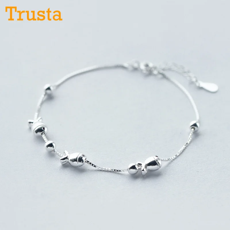 Trusta 100% 925 Real Sterling Silver Fashion Women Jewelry Fish Bead Bracelet 19cm For Gift Girls Lady DS564 Free Shipping