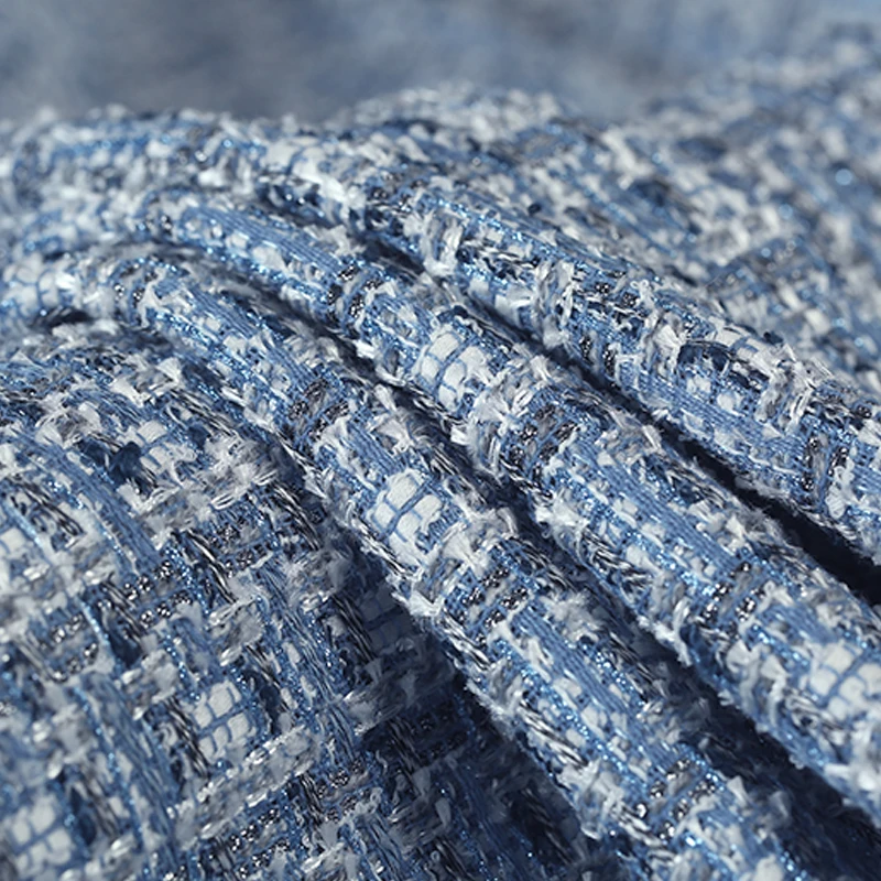 

150CM Wide 420G/M Weight Light Blue Check Knitted Tweed Acrylic Polyester Fabric for Autumn Winter Coat Jacket Dress DE954