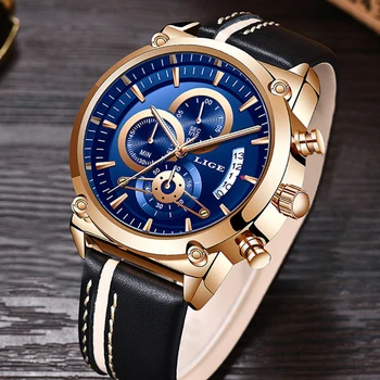 

LIGE New Men's Watch Chronograph Analog Quartz Watch With Date Luminous Hands Waterproof Leather Strap Wristswatch Reloj Hombre