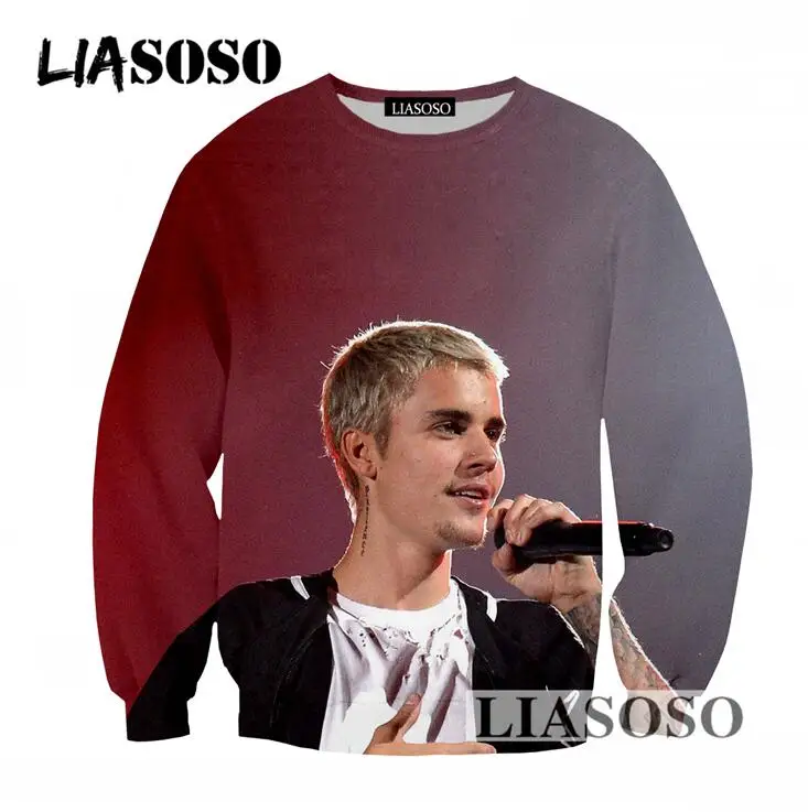 LIASOSO Newest Round Neck Long Sleeves Sweatshirt Men Women 3D Print Pullovers Singer Justin Bieber Tracksuit Clothing T747