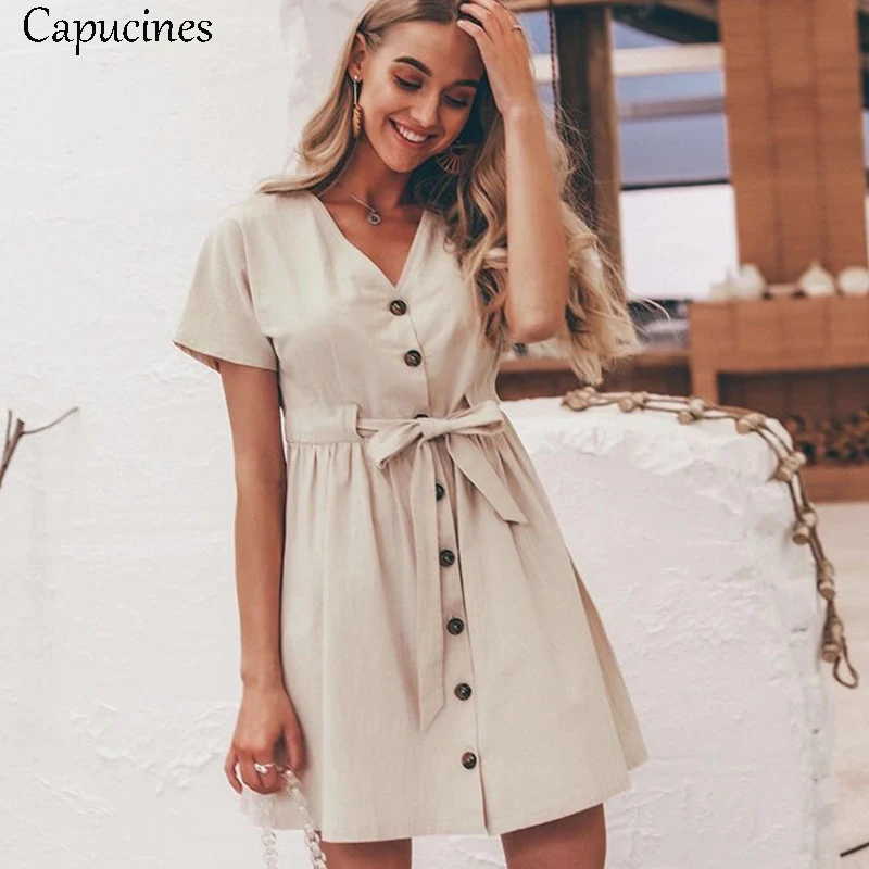 

Casual Cotton Button Summer Dress Women 2019 Vintage V neck Short Sleeve Bow Belt Short Shirt Dresses Female Vestidos