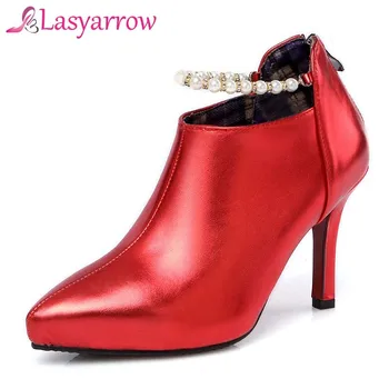 

Lasyarrow Ladies Back Zipper Autumn Shoes For Women High Heels Pointed Shallow Wedding Shoes Fashion String Beading Ankle Strap