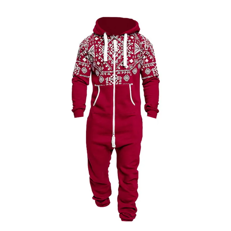 

Men Fashion Zipper Jumpsuit National Style Printed Casual Hooded Tracksuit with Pockets Autumn Spring Soft Sweatsuit