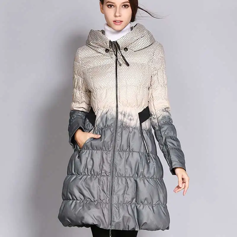 Chaqueta mujer, тонкий модный принт, контрастная юбка, Зимний пуховик для женщин,, модный принт, высокая горловина, хлопковая куртка, пальто, парка - Цвет: gray