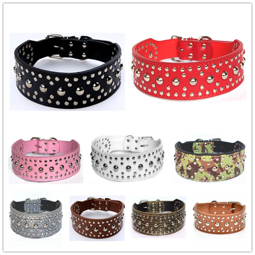 New High Quality 2 Inch Width Studded Leather Dog Collar Pet Collars 6
