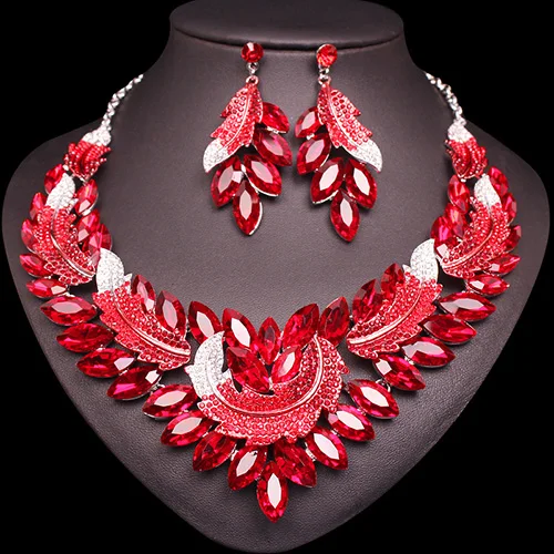 Роскошные Многоцветные наборы из ожерелья и сережек с кристаллами индийские свадебные комплекты ювелирных изделий вечерние свадебные костюм с принтом листья аксессуары для женщин - Окраска металла: red in silver