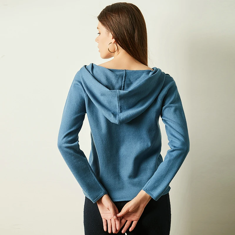 

2019 Spring and Autumn New Women Cashmere Sweater Hooded Collar Pullovers Solid Color Knit Jacket Sweater