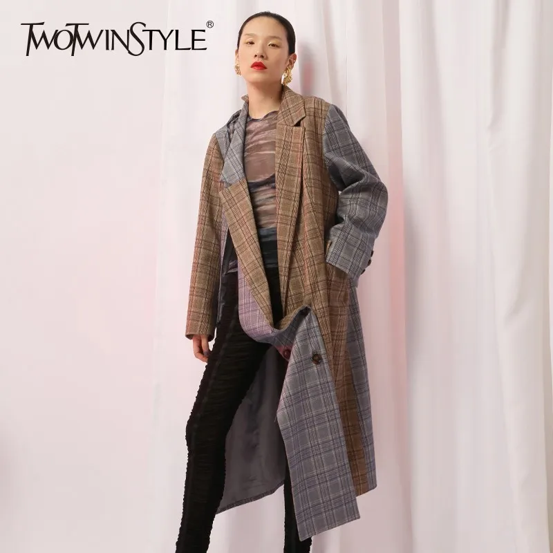 

TWOTWINSTYLE Asymmetric Plaid Women Blazer Coat Oversize Long Sleeve Double Breasted Patchwork Blazers Female Streetwear Fashion
