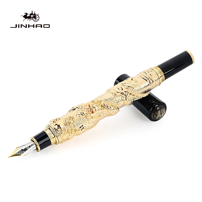 Presente do Negócio Dragão de Ouro Canetas de Tinta de Metal Artigos de Papelaria Jinhao Nobre Marca Belas Fountain Pen 0.5mm Escola Escritório Escrita Ouro Nib Mod. 195281