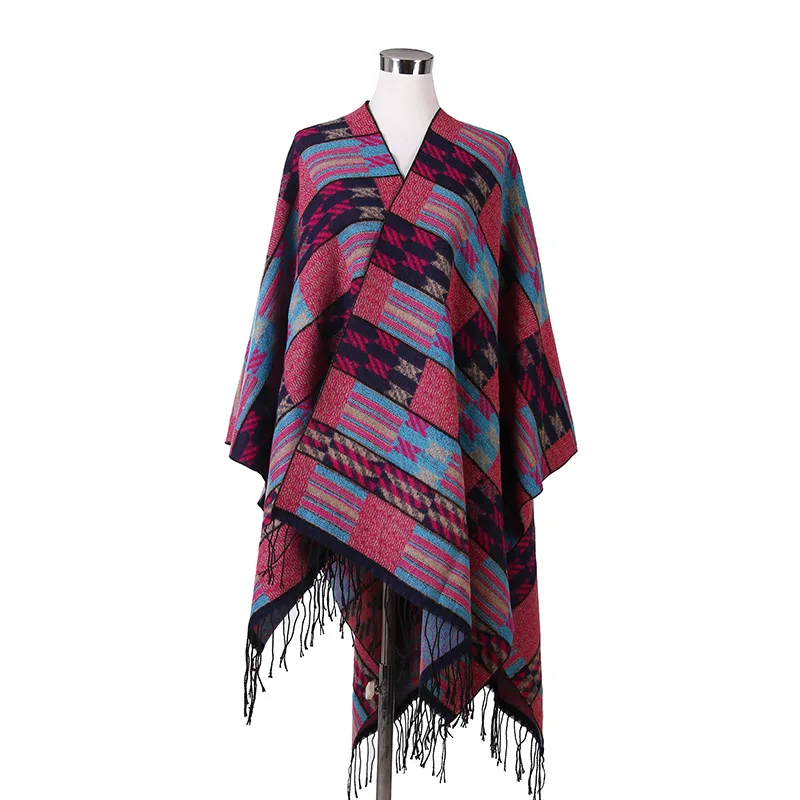 Women Autumn Winter Scarves Gradient Colorful Plaid Side Slit Blanket Scarf Tassel Shawl Poncho Wrap font
