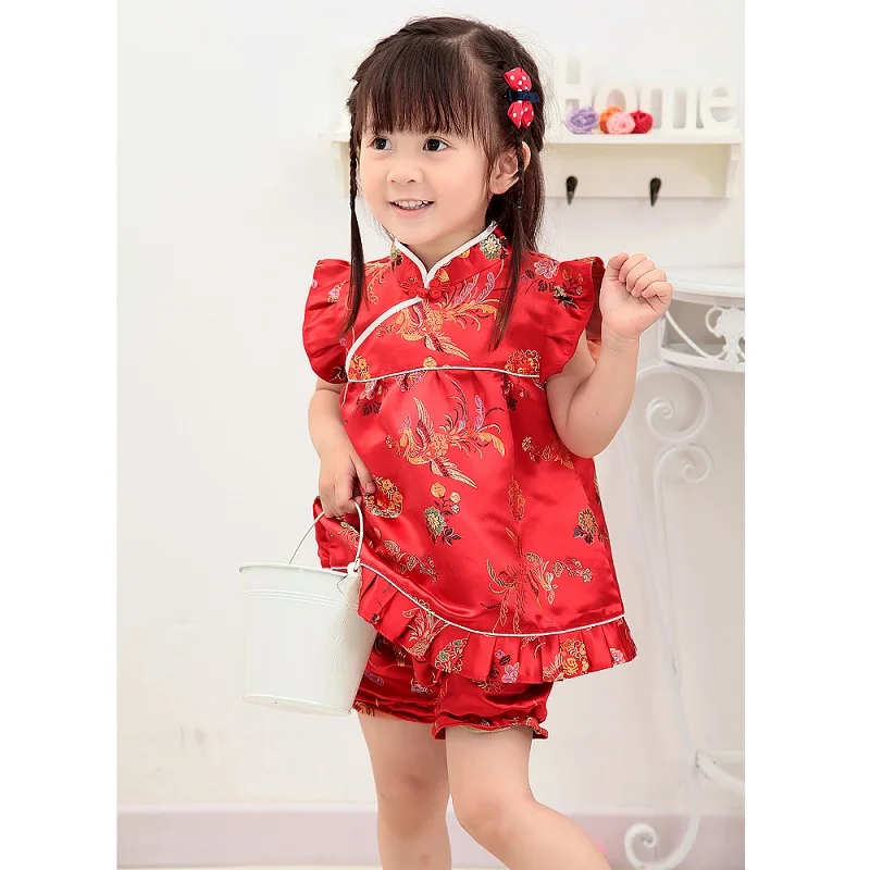 Новые летние детские комплекты Ципао с цветочным принтом, новогодние китайские платья для маленьких девочек, короткие штаны, костюмы чонсам - Цвет: XF