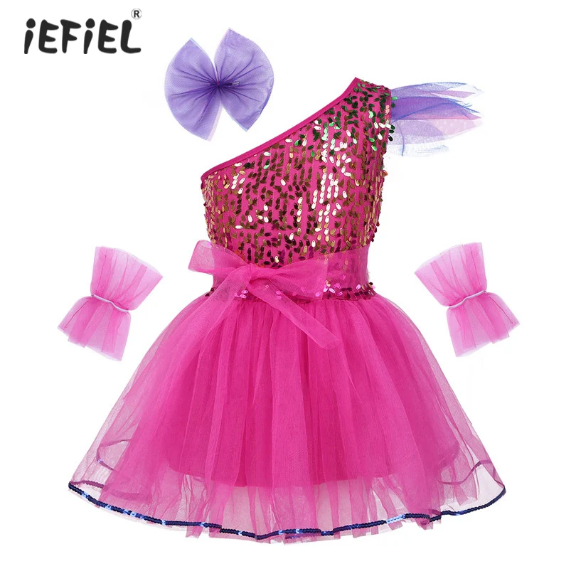Детская танцевальная одежда для балета и джаза для девочек, костюмы, гимнастическое трико на одно плечо, блестящее Сетчатое платье с блестками современный танцевальный костюм