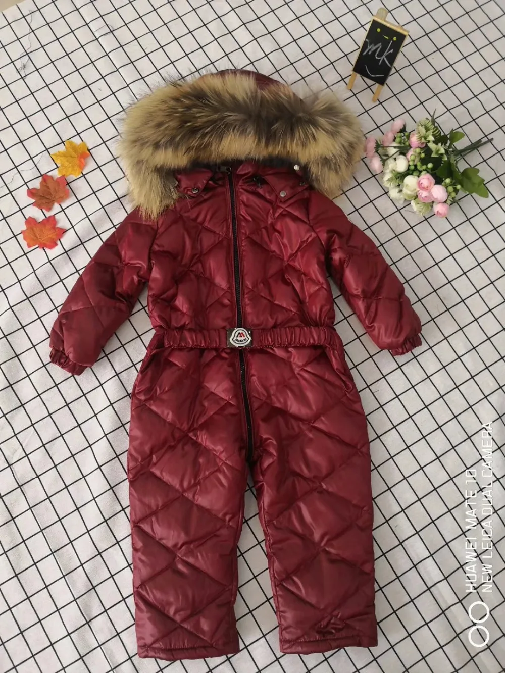 70cm-150cm Real fur hooded baby outergoing Winter children jumpsuit snow suit girl down boy Baby coveralls ski suit