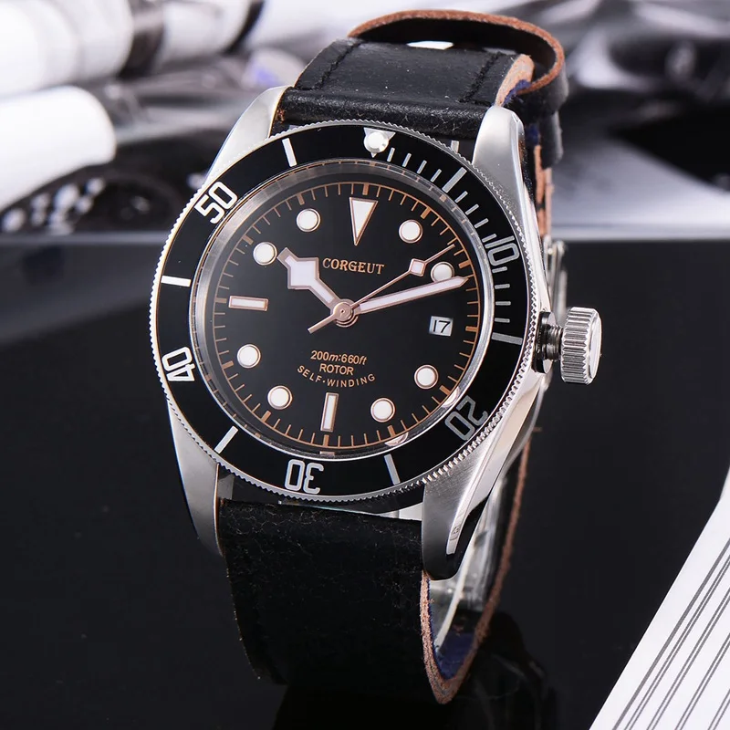 Corgeut 41 мм Мужские автоматические часы черный циферблат Rosegold Lume Marks сапфировое
