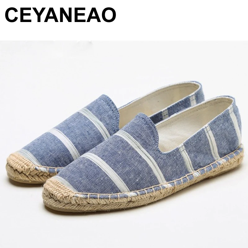 

CEYANEAOFashion Ethnic Casual Espadrilles Denim Bow Tie Flat New Women Spring Printed Embroider Slip on Fishermen Hemp Rope Shoe