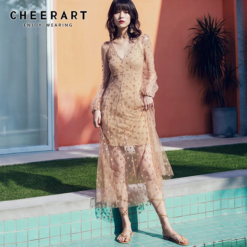 

Cheerart Beach Backless Dress Embroidery Deep V Neck Mesh Bodycon Ladies Long Summer Beach Dress Holiday Clothes