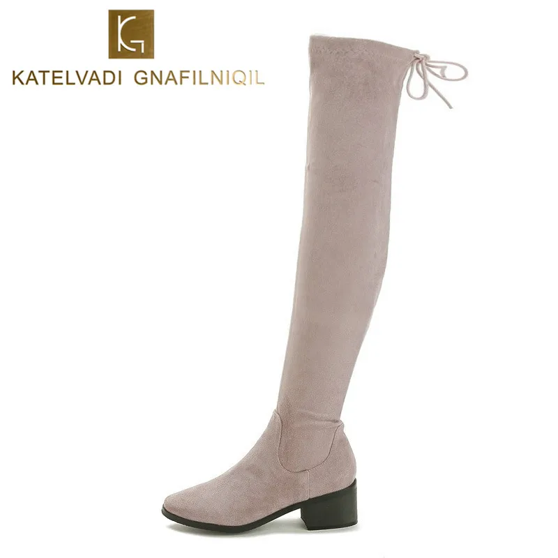 

Khaki Women Boots Stretch Slim Over Knee Boots Women Round Toe Square High Heels Women Thigh High Boots Snow Shoes Woman K-216