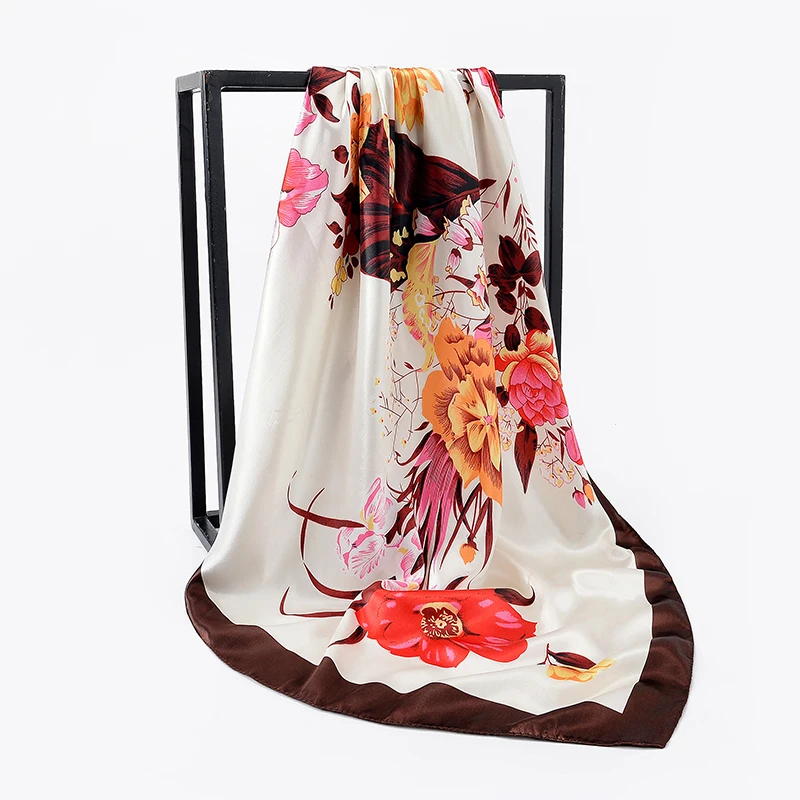 

Women Large Square Scarf Soft Satin Sunscreen Shawl Ladies Imitated Silk Scarf Bandana Floral Leaf Printted Scarves 90*90cm