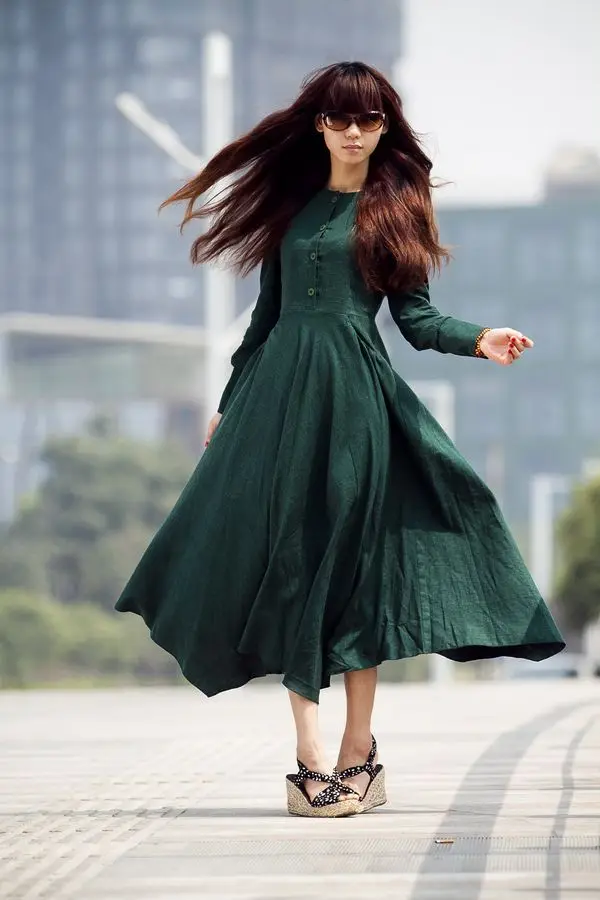 Dark green linen dress Clearance