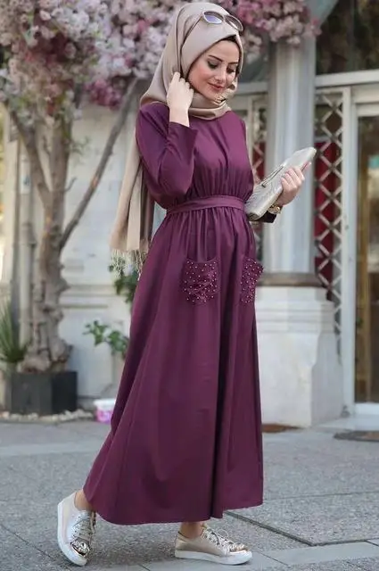 Abayas женская мусульманская одежда модные платья с поясом и бусинами Макси мусульманское платье Дубай Кафтан цзилбаб Дубай, Турция халат Рамадан D979 - Цвет: Фиолетовый