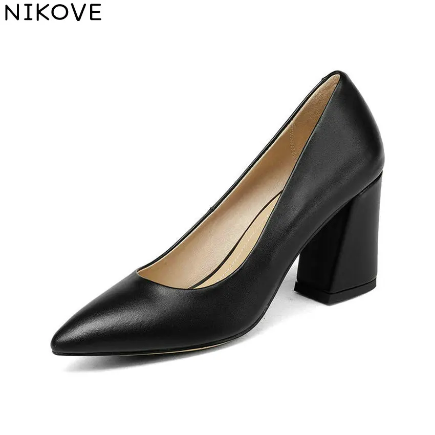 

NIKOVE 2018 Women Pumps Shoes PU Casual Out Door Square High Heels Pointed Toe Pumps Shallow Slip on Women Shoes Size 34-43