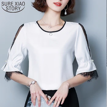 

Chiffon Lace Solid O-Neck Women Shirts Womens Tops and Blouses Blusas Mujer De Moda 2019 Hollow Womens Clothing 3689 50