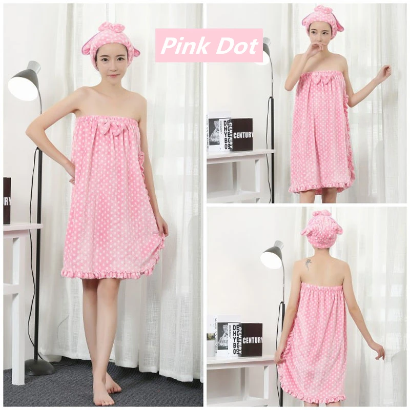Cute Women Bathrobe With Shower Cap Solid Knee-Length Pajamas Flannel Off Shoulder Dressing Gowns For Women New Sleeveless Robes (10)