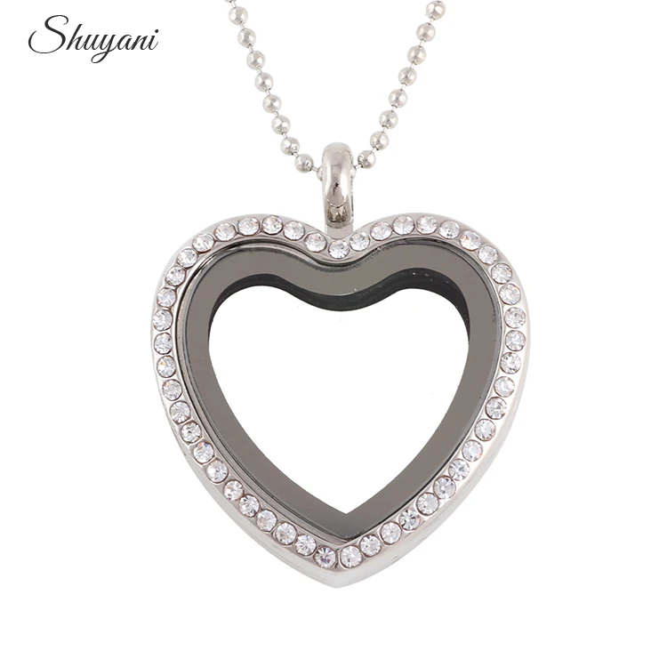 Rhinestone-Alloy-Heart-Floating-Locket-Necklaces-Pendants-Magnetic-Magent-Glass-Living-Memory-Floating-Heart-Locket