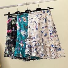 Летние цветочные элегантные женские юбки с высокой талией и аппликацией, оборка в виде рыбьего хвоста, шифоновая юбка средней длины, юбка русалки, Женская юбка в стиле хип-хоп